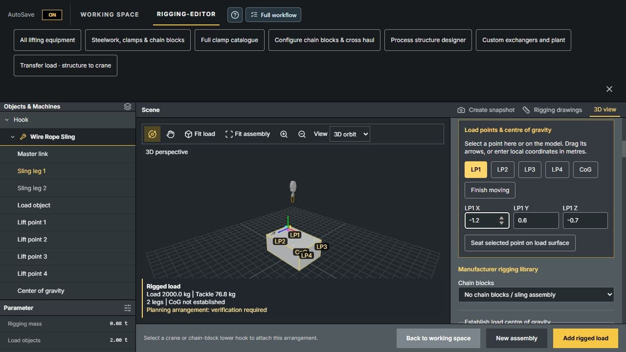 Live rigging editor showing selectable lift points, a 3D movement handle and local X, Y and Z coordinates