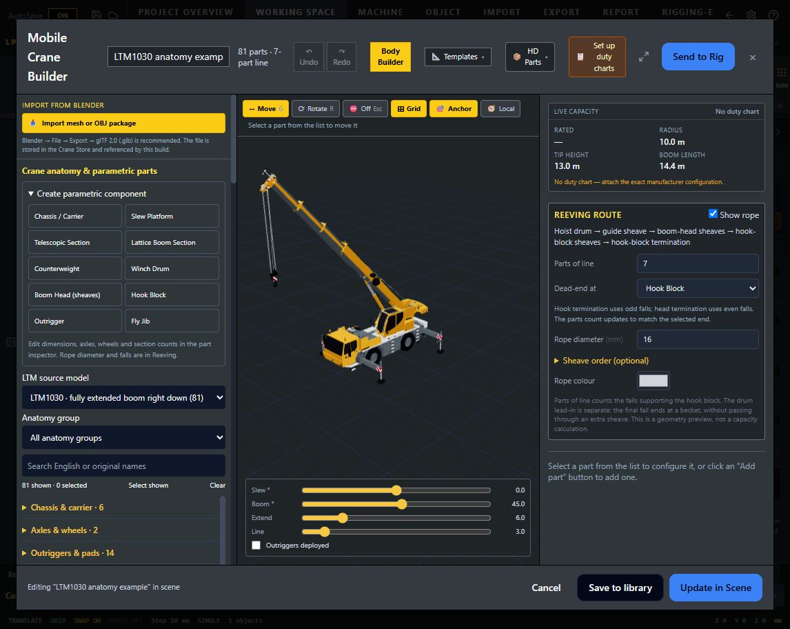 Parametric crane anatomy in the Lift Planner Pro modelling workspace