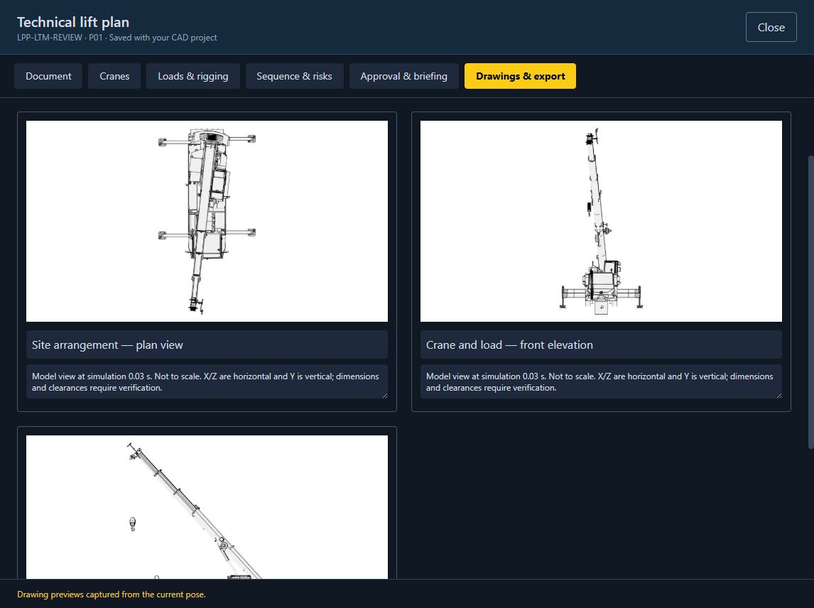 An engineering lift-plan sheet produced in Lift Planner Pro